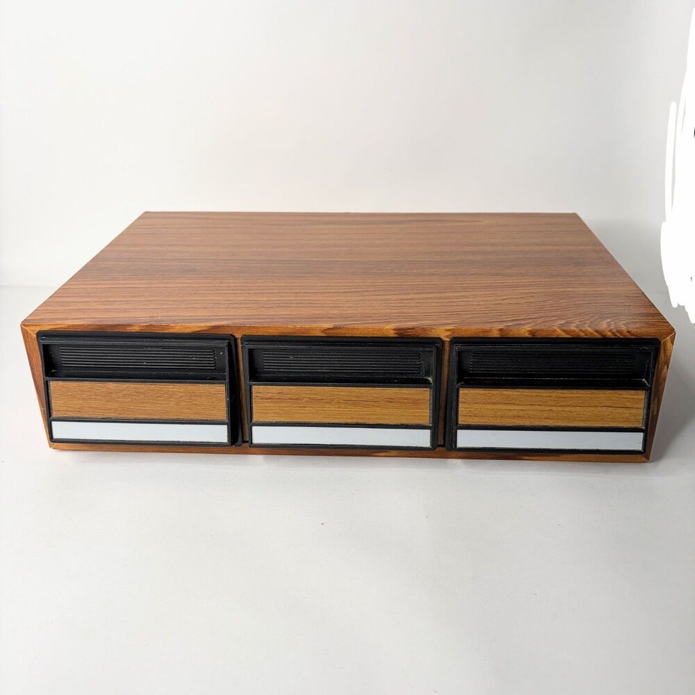 Vintage Cassette Tape Storage Case Holder Faux Wood 3 Drawer Holds 36